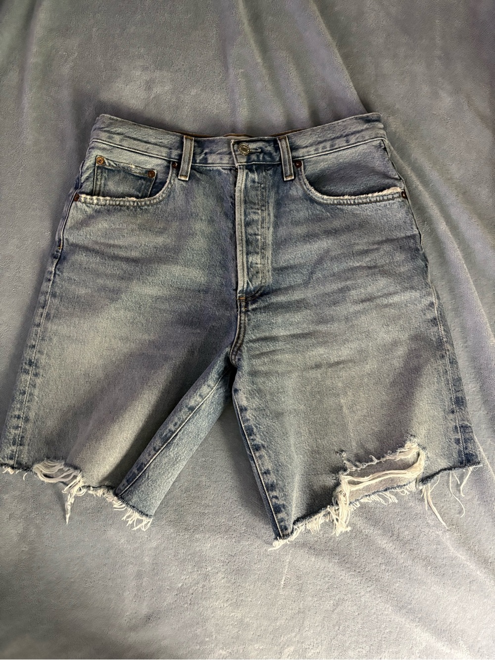 Agolde Light Blue Distressed Denim Cutoff Shorts